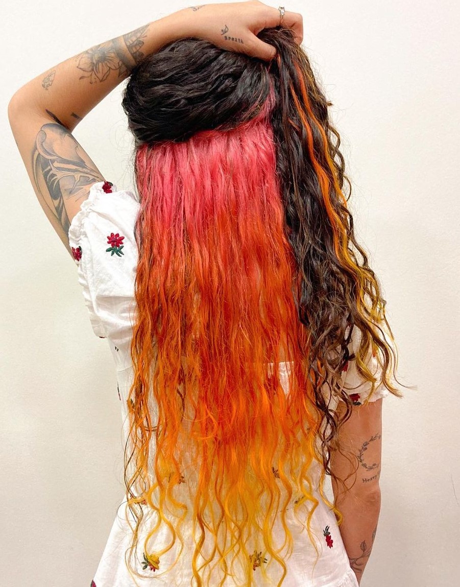 Vibrant Orange and Pink Underlay Hair Color