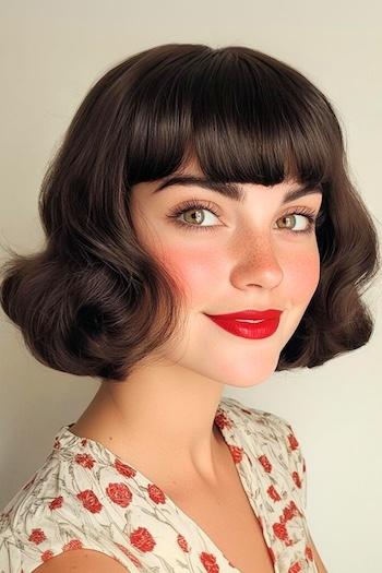 Vintage Curled Bob with Full Bangs Haircut on a smiling woman with brown hair.