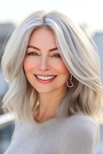 Voluminous Shoulder-Length Long Bob Haircut on a smiling woman with gray hair.