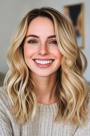 Warm Butter Blonde Layered Waves Hairstyle on a smiling woman with blonde hair.