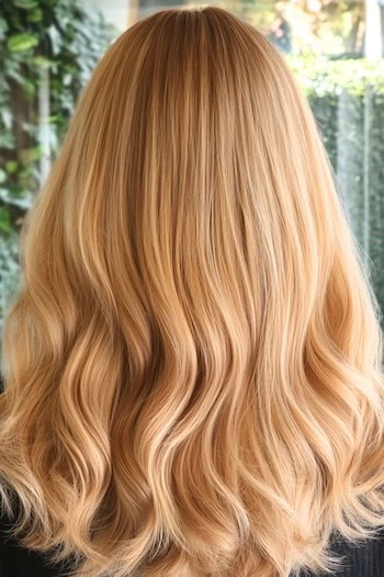 Warm Butterscotch Blonde Highlighted Waves Hairstyle on a woman with blonde hair in a hair salon, back view.