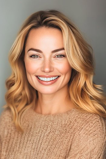 Warm Golden Blonde Waves Hairstyle on a smiling woman with blonde hair.