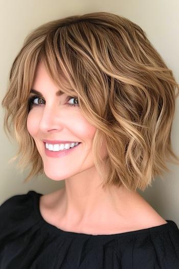 Wavy Blunt Bob with Curtain Bangs Haircut on a smiling woman with brown hair.