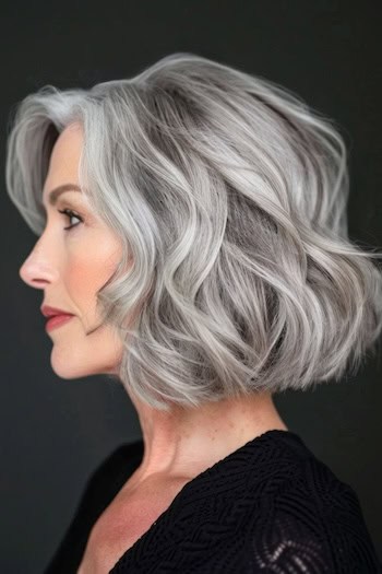 Wavy Bob with Blunt Ends Haircut on a woman with gray hair, side view.