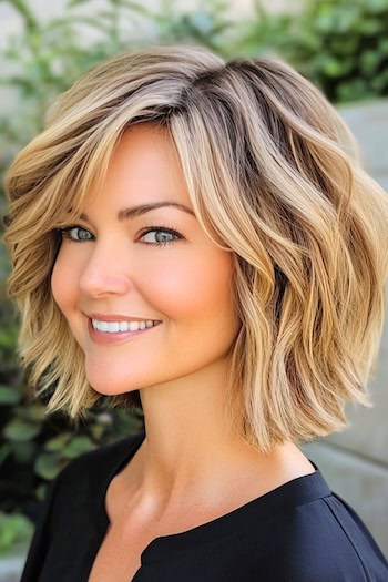 Wavy Bob with Side-Swept Bangs Haircut on a smiling woman with medium blonde hair and dark roots.