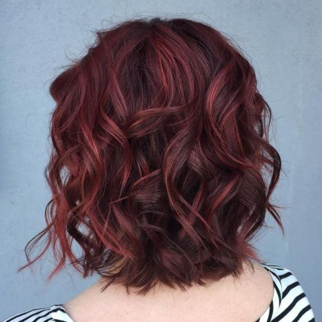 Wavy Brown Bob With Burgundy Highlights