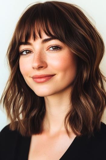 Wavy Long Bob with Bangs Haircut on a smiling woman with brown hair.