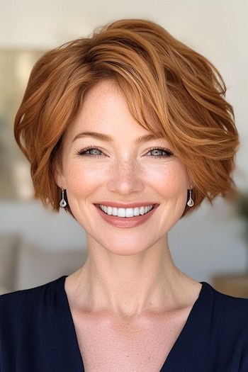 Wavy Pixie Bob with Side-Swept Bangs Haircut on a smiling woman with copper red hair.