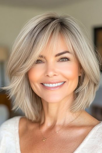 Wispy Layered Long Bob with Bangs Haircut on a smiling woman with blonde hair.