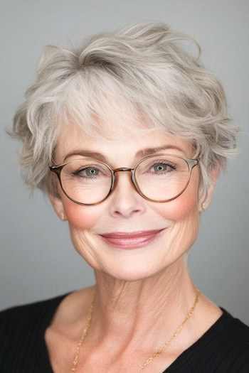 Wispy Wavy Pixie Haircut on a smiling older woman with brown hair.