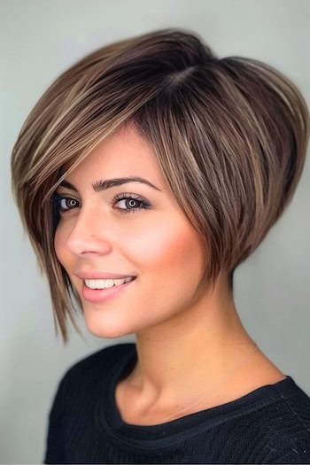 Asymmetrical Pixie Bob Haircut on a smiling woman with brown hair, side view.