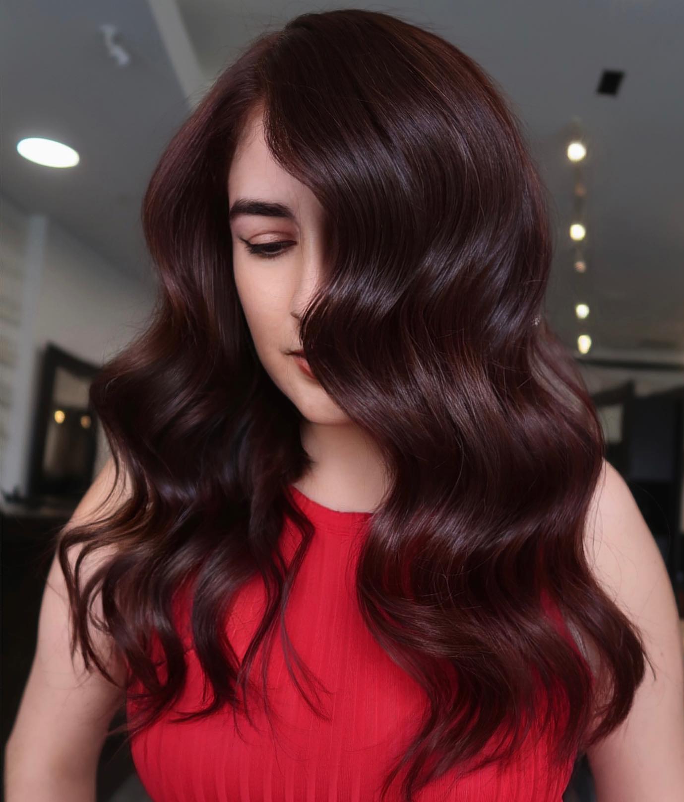 Auburn Chocolate Brown Color on Long Wavy Hair