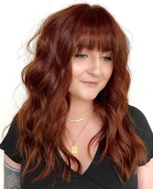 Auburn Shag with Bangs for Round Face and Fair Skin