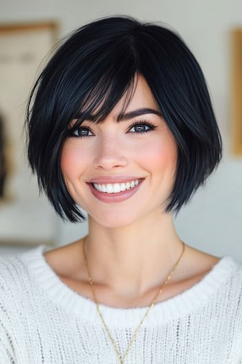 Choppy Layered Bob with Bangs Haircut on a smiling woman with black hair.