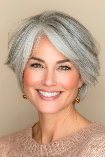 Cropped Layered Bob with Side Bangs Haircut on a smiling woman with gray hair.