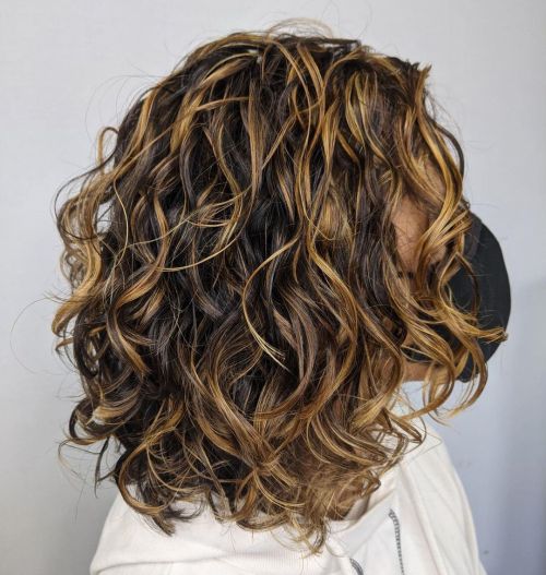 Curly Midi Hair with Highlights and Lowlights