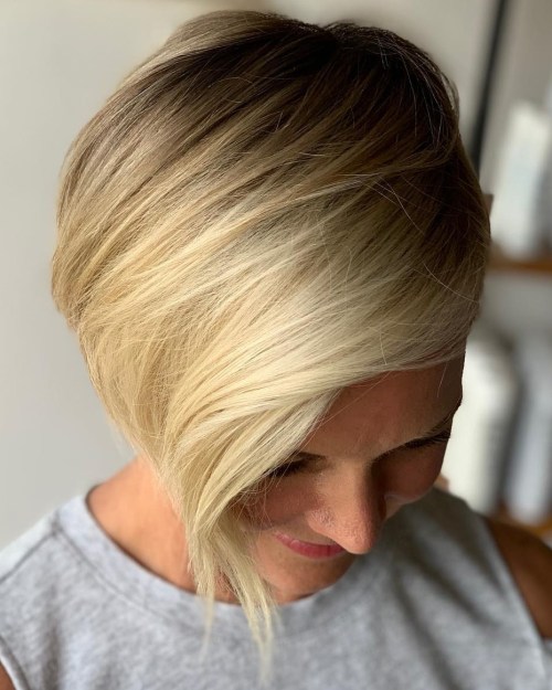 Deep Side Parted Pixie Bob with Blonde Balayage