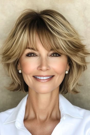 Feathered Layered Bob with Bangs Haircut on a smiling woman with highlighted brown hair.