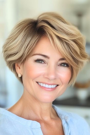 Feathered Pixie Bob Haircut on a smiling woman with blonde hair.