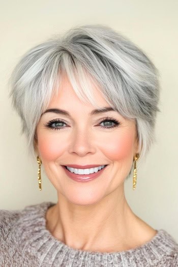 Grown-Out Textured Pixie with Bangs Haircut on a smiling woman with gray hair.