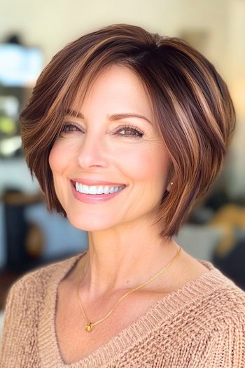 Highlighted Tapered Pixie Bob Haircut on a smiling woman with brown hair.