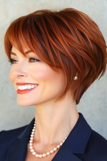 Layered Pixie Bob with Bangs Haircut on a smiling woman with deep copper red hair, side view.