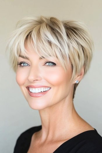 Layered Platinum Pixie with Bangs Haircut on a smiling woman with platinum blonde hair.