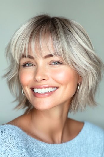 Layered Shaggy Bob with Bangs Haircut on a smiling woman with platinum blonde hair.