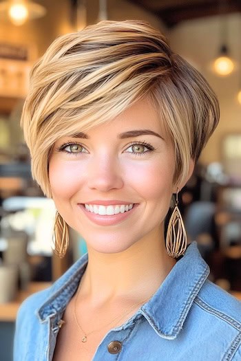 Long Pixie with Side-Swept Bangs Haircut on a smiling woman with golden blonde/brown hair.