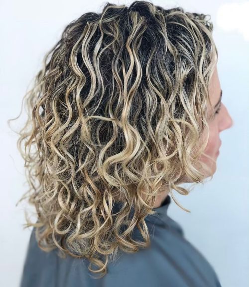 Medium Thin Blonde Curls with Black Roots