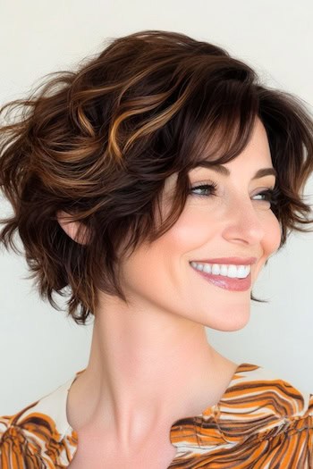 Messy Wavy Pixie Bob Haircut on a smiling woman with brown hair, side view.