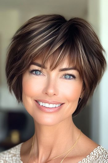 Piecey Layered Pixie with Bangs Haircut on a smiling woman with brown hair and highlights.