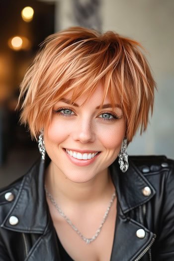 Piecey Messy Cropped Cut with Bangs Haircut on a smiling woman with light copper hair.