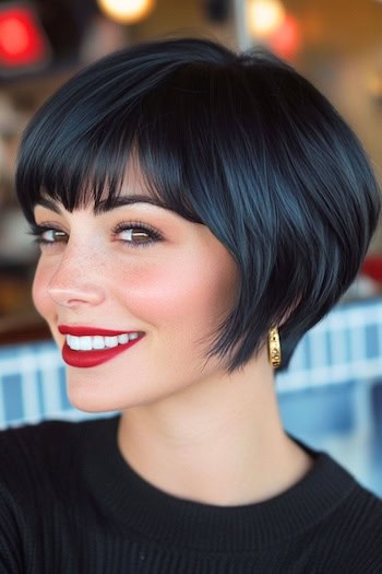 Pixie Bob with Bangs Haircut on a smiling woman with brown-black hair.