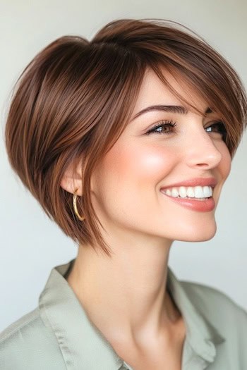 Pixie Bob with Side Bangs Haircut on a smiling woman with brown hair, side view.