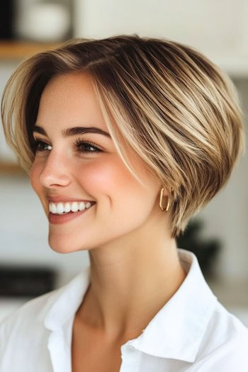 Pixie Bob with Soft Layers Haircut on a smiling woman with brown hair and blonde highlights, side view.