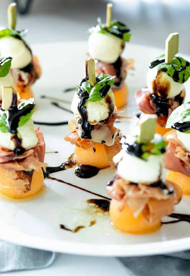 Prosciutto Melon & Mozzarella Skewers (w/ Balsamic Glaze)