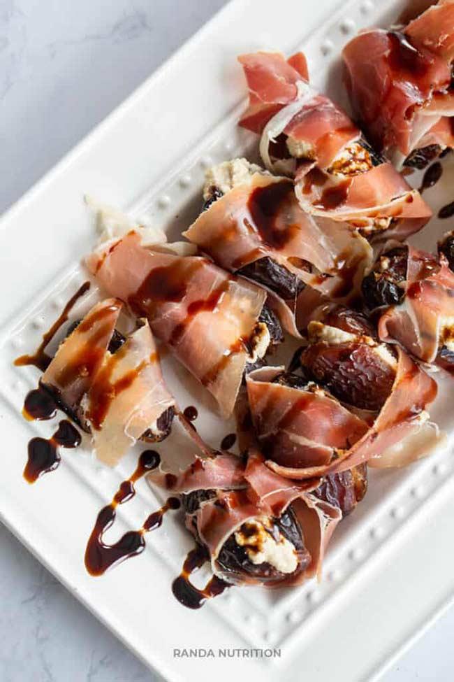 Prosciutto Wrapped Cashew Cream Cheese Stuffed Dates with Balsamic Glaze