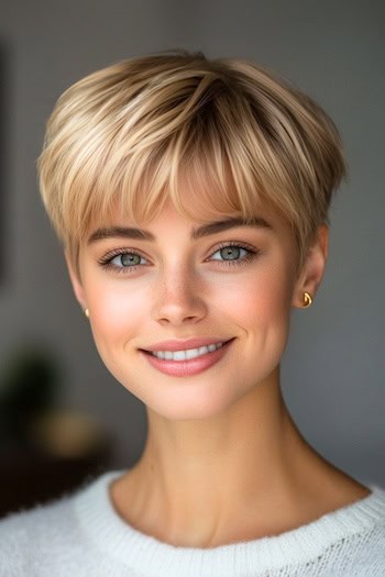 Rounded Pixie with Bangs Haircut on a smiling woman with blonde hair.