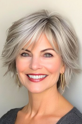 Shaggy Layered Bob with Feathered Bangs Haircut on a smiling woman with gray hair.