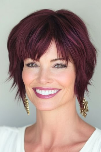 Shaggy Pixie Bob with Bangs Haircut on a smiling woman with burgundy hair.