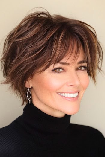 Shattered Layered Bob with Bangs Haircut on a smiling woman with brown hair.