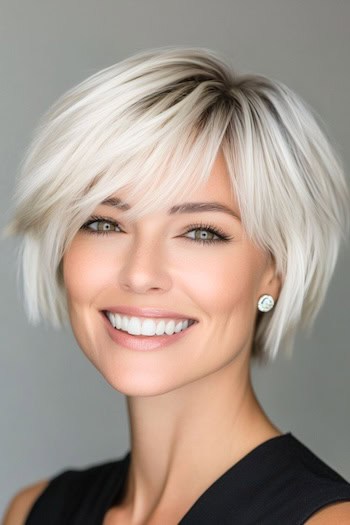 Short Blunt Layered Bob with Bangs Haircut on a smiling woman with platinum white blonde hair.