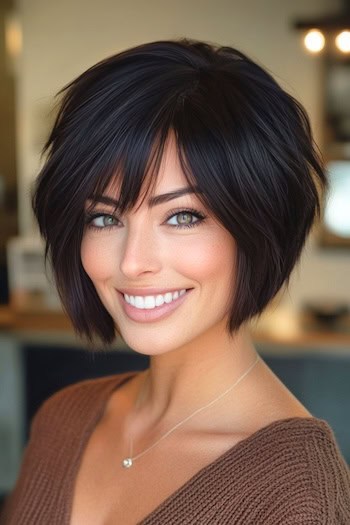 Short Layered Bob with Bangs for Thick Hair Haircut on a smiling woman with dark brown hair.