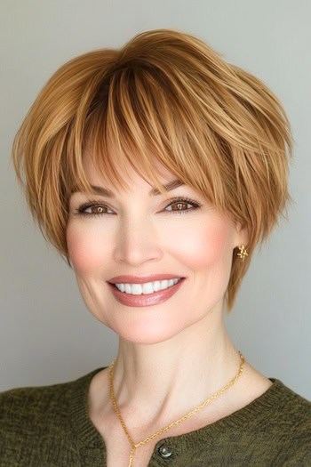 Short Layered Mushroom Cut with Bangs Haircut on a smiling woman with deep honey blonde/light brown hair.