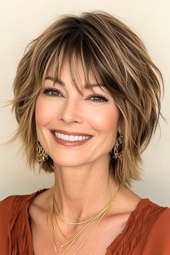 Short Tapered Choppy Bob Haircut on a smiling woman with brown hair with honey blonde highlights.