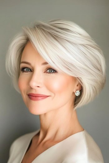 Side-Parted Layered Bob with Side-Swept Bangs Haircut on a softly smiling woman with light blonde hair.