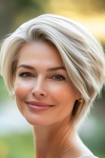 Side-Parted Pixie Bob Haircut on a smiling woman with blonde hair.