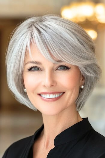 Tapered Bob with Feathered Bangs Haircut on a smiling woman with gray hair.