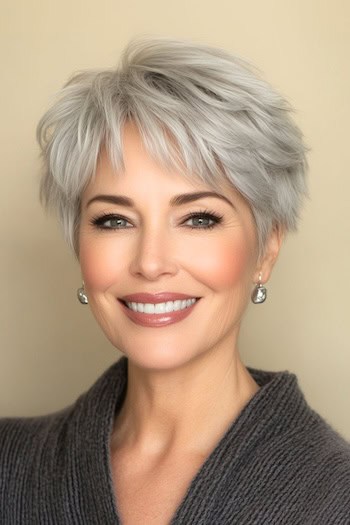 Textured Feathered Pixie with Layered Bangs Haircut on a smiling woman with gray hair.